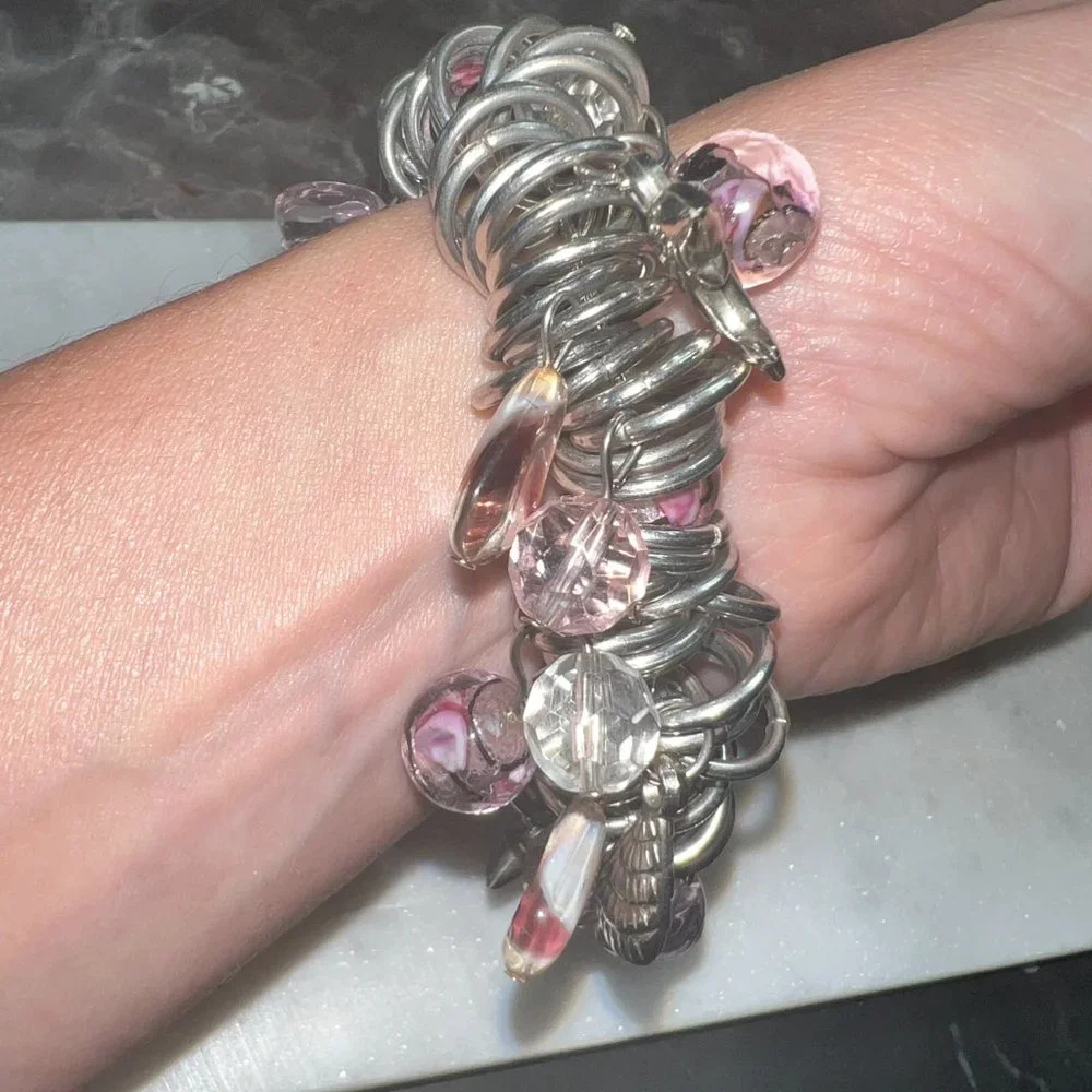 Boho Chunky Heavy Silver Murano Glass Charm Bracelet